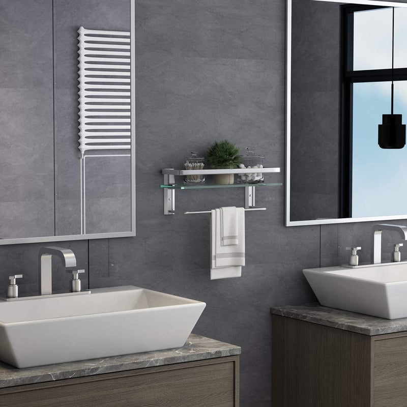 VOLPONE Glass Shelf with Towel Bar 15.7in Silver Bathroom Shelf Wall Mount Rustproof Bathroom Wall Organizer 1 Tier (Silver) - Image 2